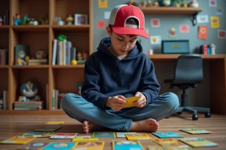 Adolescent passionné de Pokémon examinant des cartes à collectionner dans sa chambre en 2026