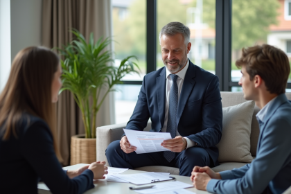 Agent immobilier expliquant la documentation énergie à un couple