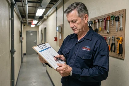 Agent de service en uniforme consultant un planning d'astreinte sur presse-papiers dans un couloir technique de bâtiment public