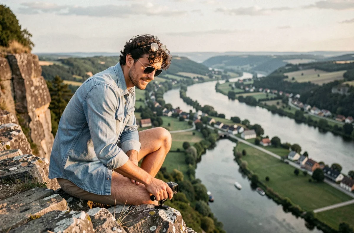 Air Val, vidéaste installant une caméra action avec vue panoramique sur la vallée du Rhin en Alsace