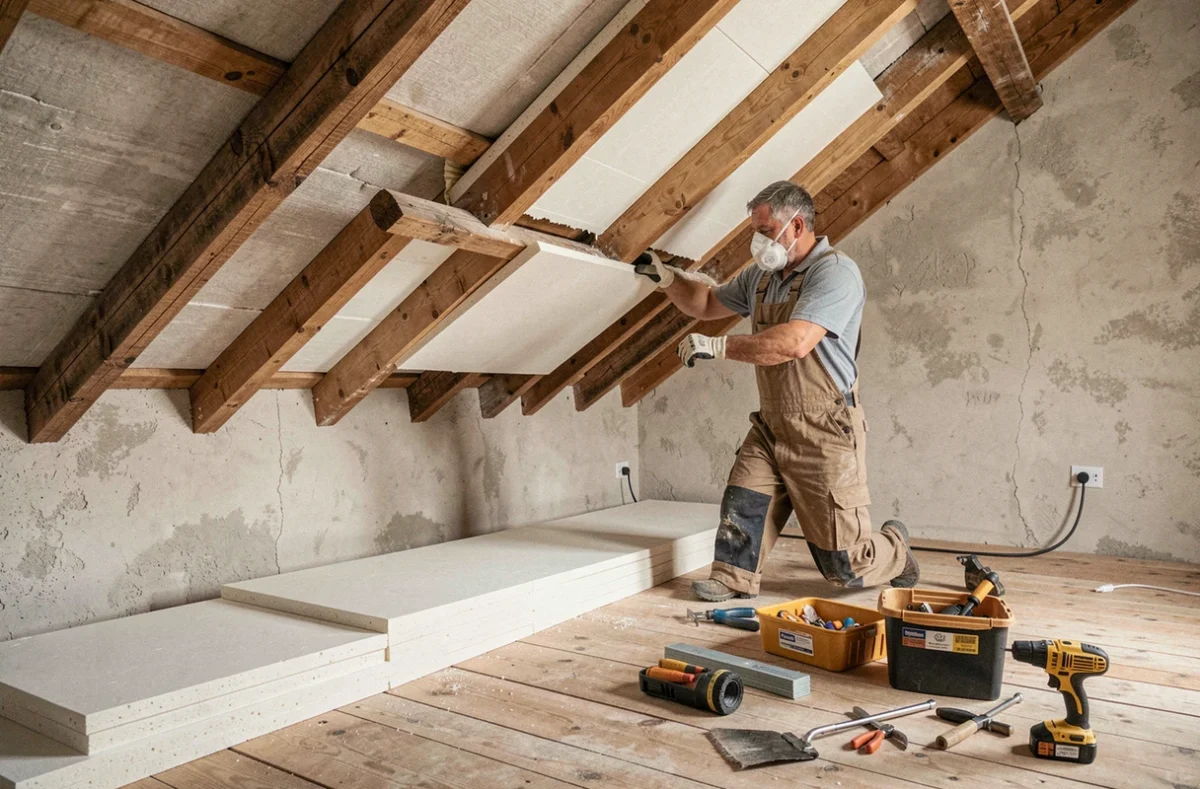 Spécialiste Alibert Renovation posant des panneaux d'isolation thermique dans la charpente d'un grenier résidentiel en Hauts-de-Seine