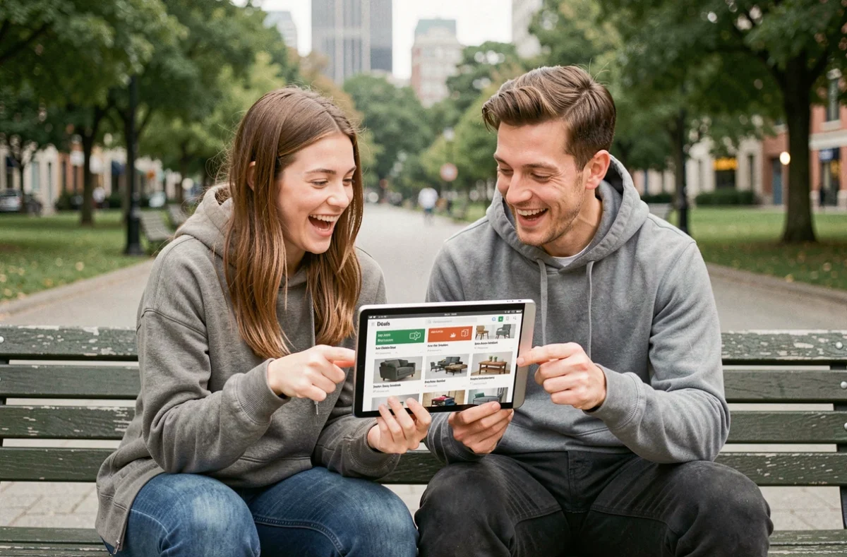 Deux amis comparant des annonces de bonnes affaires sur une tablette dans un parc urbain