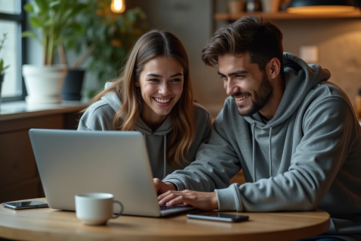 Deux amis discutant d'une série animée sur une plateforme de streaming dans un café urbain moderne