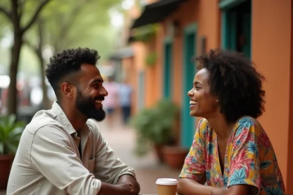 Deux amis qui rient en discutant sur une terrasse de café en milieu urbain tropical, illustrant les échanges langagiers informels en créole