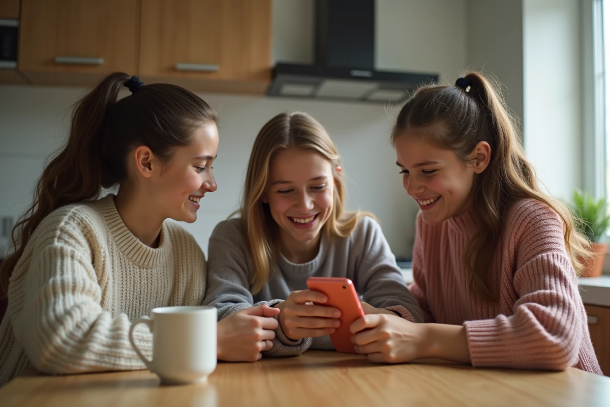 Trois adolescents discutent à la maison autour d une table