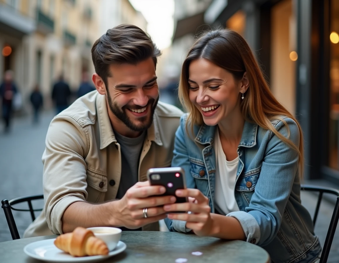 Deux amis adultes partageant une stratégie Monopoly GO autour d'un smartphone en terrasse de café