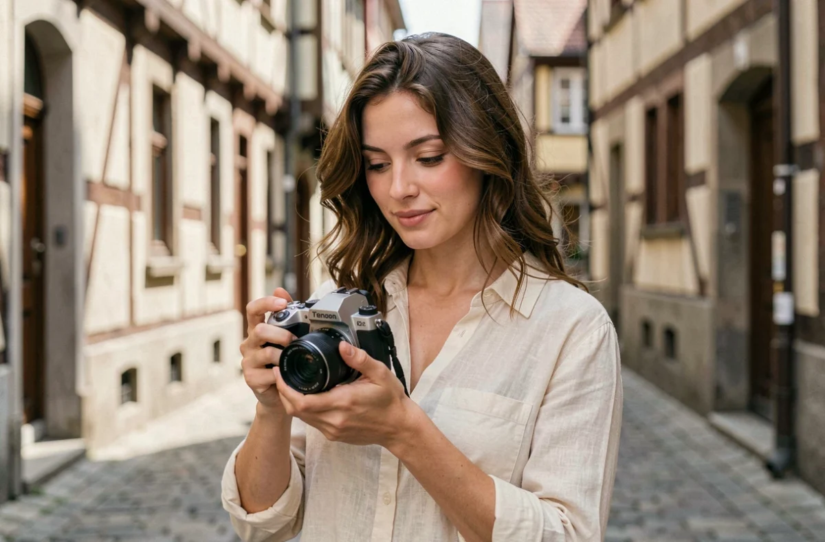 Angélique Waldmann, vidéaste du Grand Est, filmant dans une ruelle strasbourgeoise