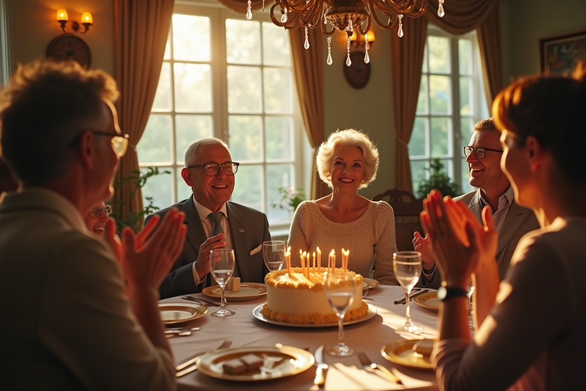 Couple âgé souriant avec gâteau d anniversaire dans une salle élégante