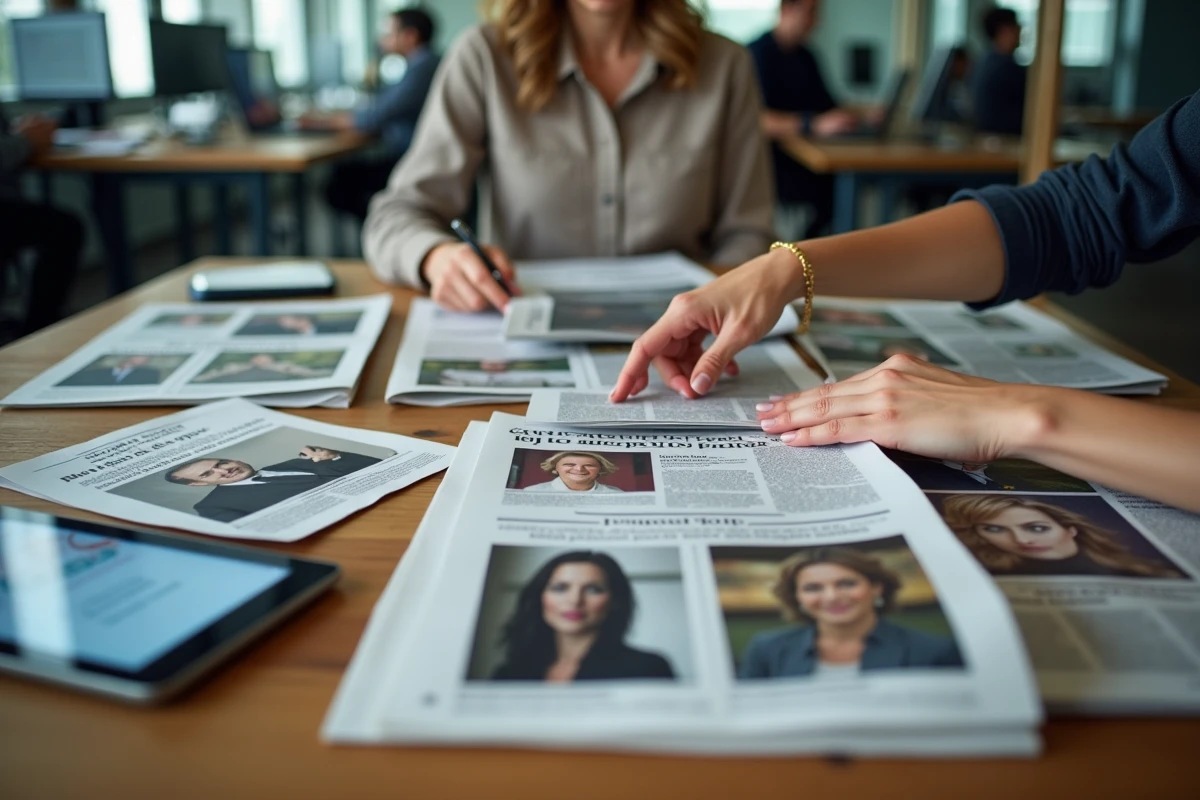 Gros plan sur des journaux et magazines français ouverts sur une table en chêne avec une tablette numérique affichant des titres d'actualité