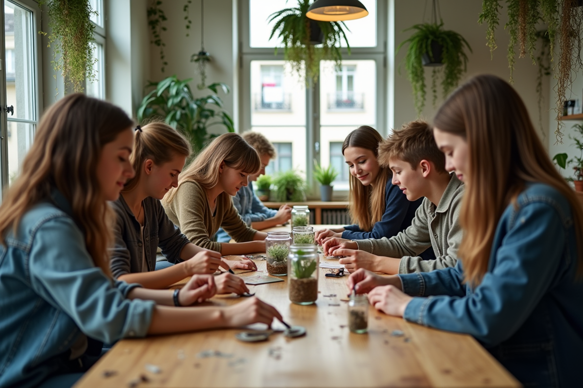 Groupe diversifié participant à un atelier terrarium dans un loft parisien
