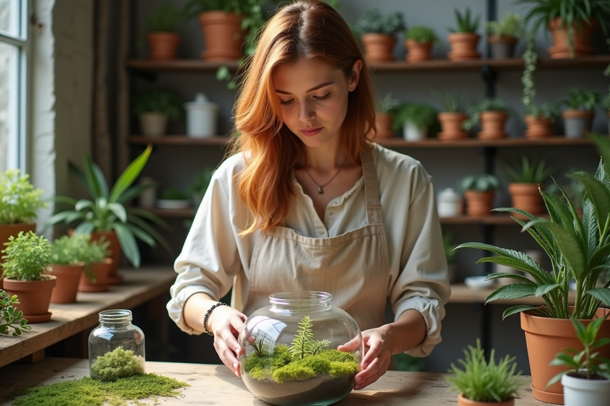 Jeune femme créant un terrarium dans un atelier parisien lumineux