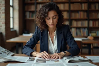 Femme journaliste française consultant des archives de presse dans une salle éditoriale parisienne avec revues et coupures de journaux