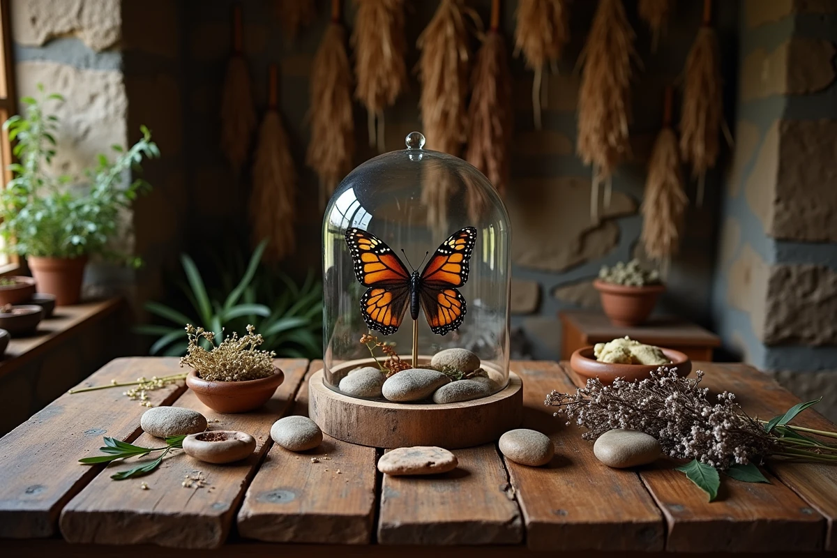 Autel chamanique en bois avec des spécimens de papillons sous cloche en verre, plumes et pierres, symbolisant les rituels de passage et de renouveau