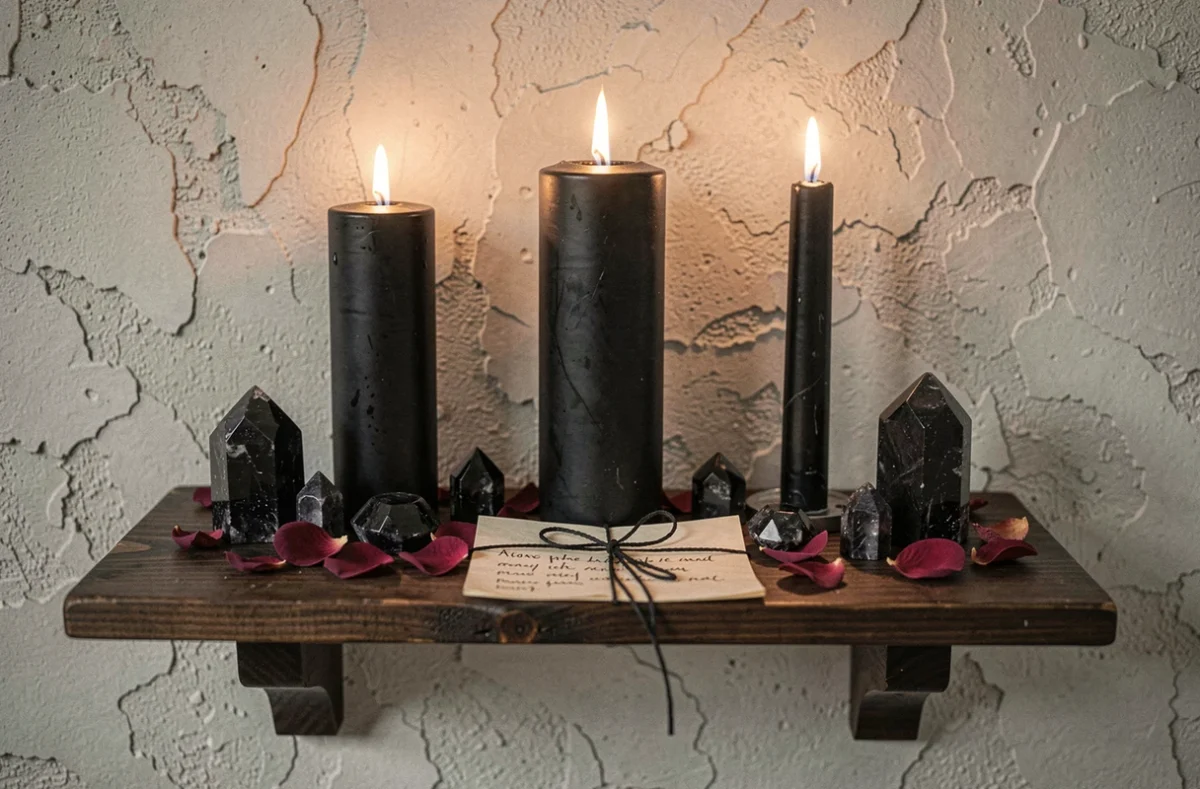 Autel avec trois bougies noires allumées, cristaux de tourmaline noire et note manuscrite pour rituel de coupure de liens toxiques
