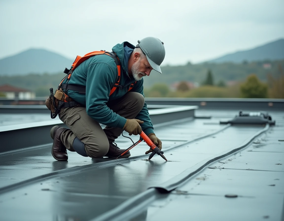 Spécialiste d'Auvergne Toitures appliquant une membrane d'étanchéité sur un toit plat avec le paysage auvergnat en fond
