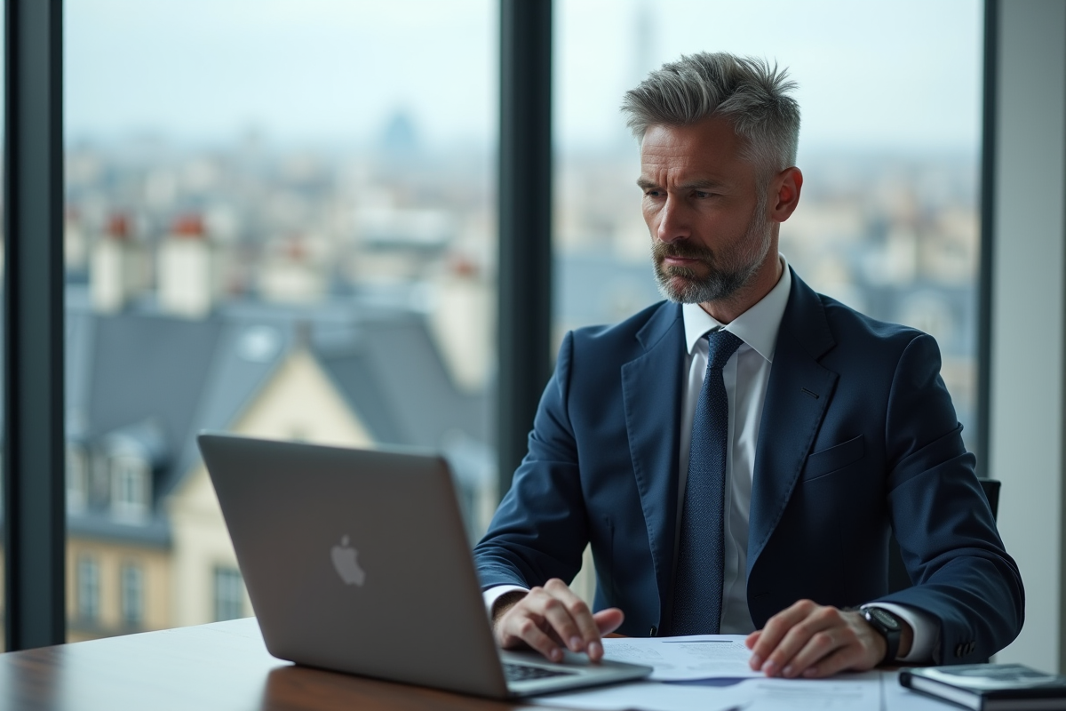 Banquier d'âge moyen en costume bleu regardant des papiers