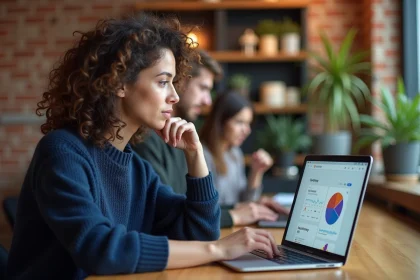 Bénévole d'association travaillant sur la culture web de son organisation devant un tableau de bord numérique