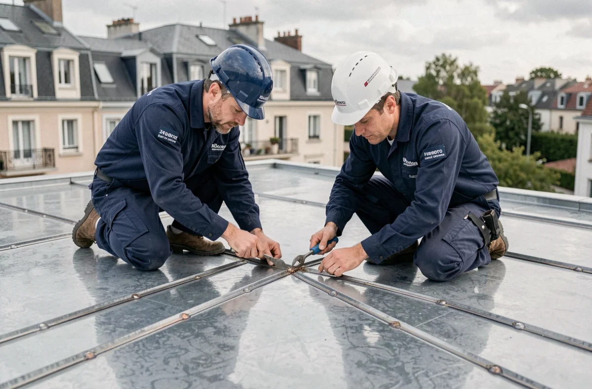Équipe de couverture-charpente-zinguerie Benicourt travaillant sur une toiture zinc dans les Hauts-de-Seine