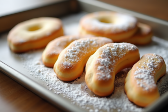 Biscuits ladyfingers saupoudres de sucre glace sur un plateau