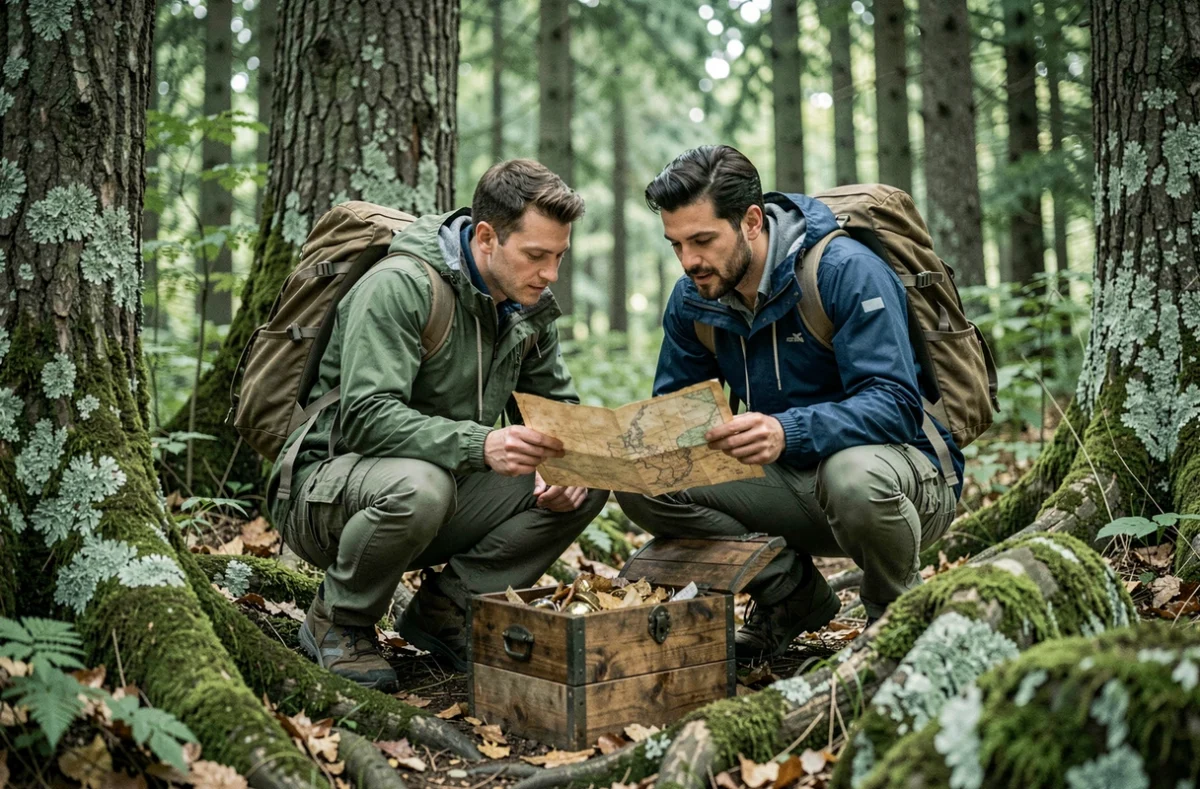 Deux joueurs adultes en équipement de randonnée découvrant un coffre caché en forêt lors de l'escape game nature Bollène Aventure en Occitanie