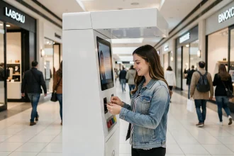 Jeune femme utilisant une borne photomaton dans un centre commercial français pour des photos d'identité pas chères