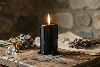 Bougie noire allumée sur un autel rituel en bois avec herbes séchées et cristaux pour couper les liens toxiques