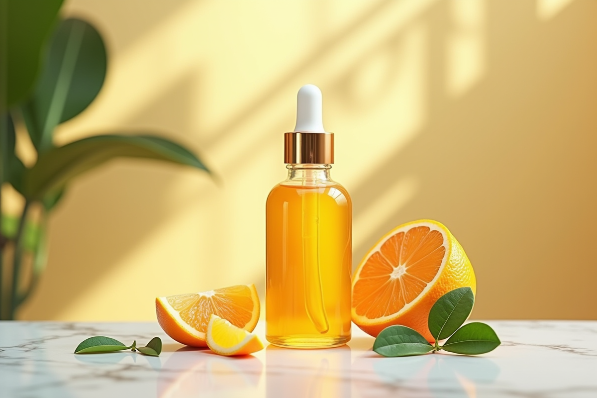 Bouteille de serum vitamine C avec oranges tranchées et feuilles vertes