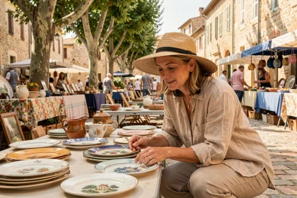Femme examinant des céramiques vintage sur un stand de brocante en plein air dans un village provençal ensoleillé des Alpes-Maritimes