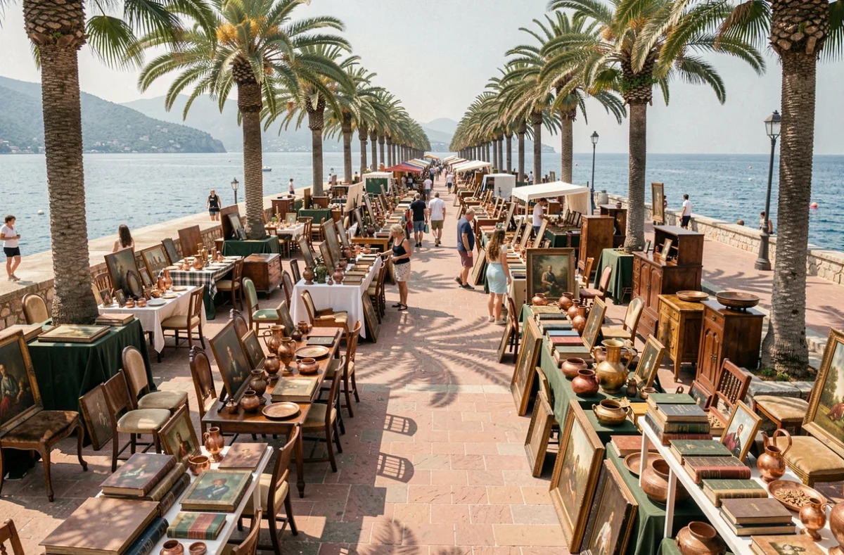 Vue panoramique d'une brocante en bord de mer sur la Côte d'Azur avec des stands d'antiquités et la Méditerranée en arrière-plan
