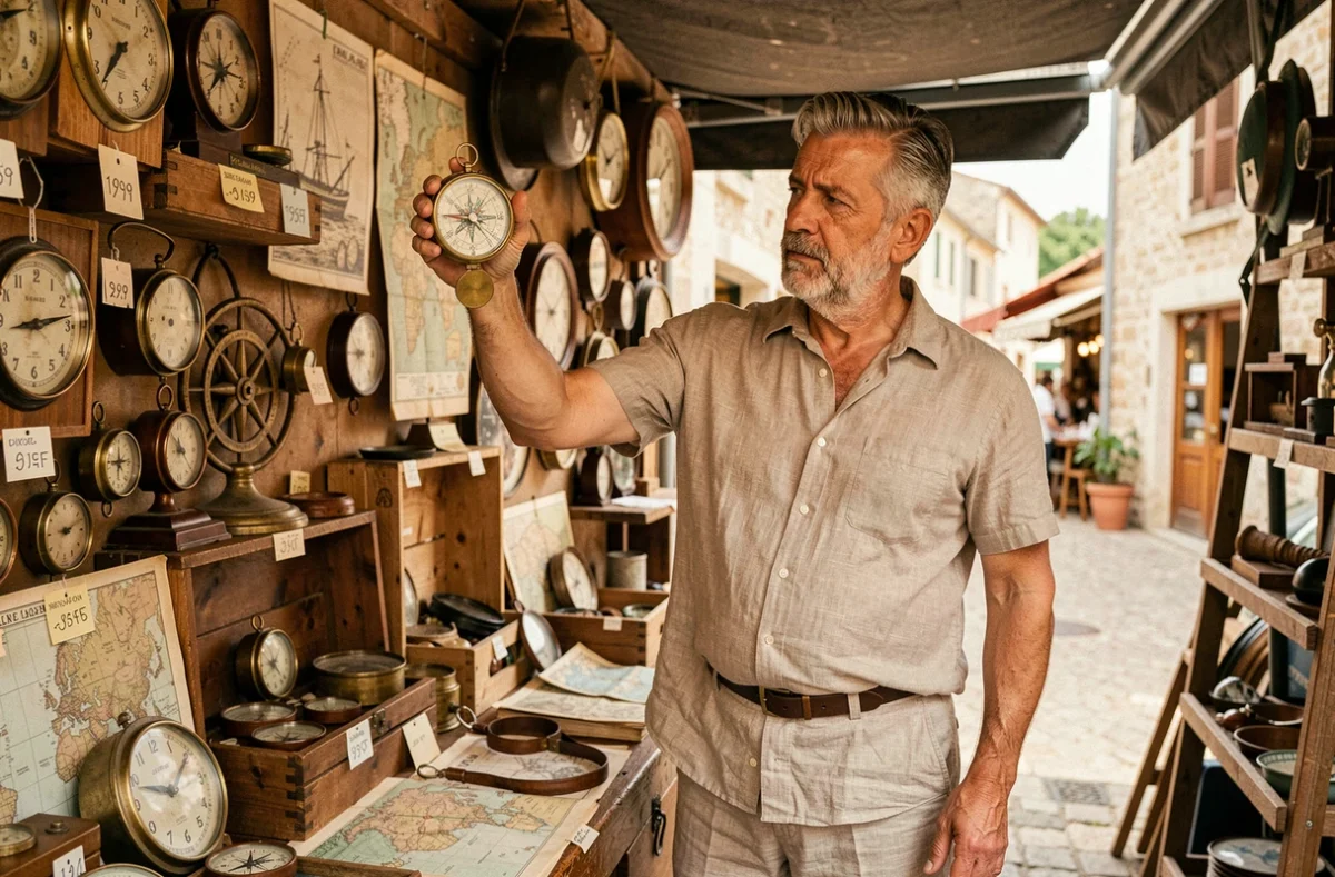 Homme tenant une boussole en laiton ancienne devant un stand de brocante provençale rempli d'objets maritimes vintage dans les Alpes-Maritimes