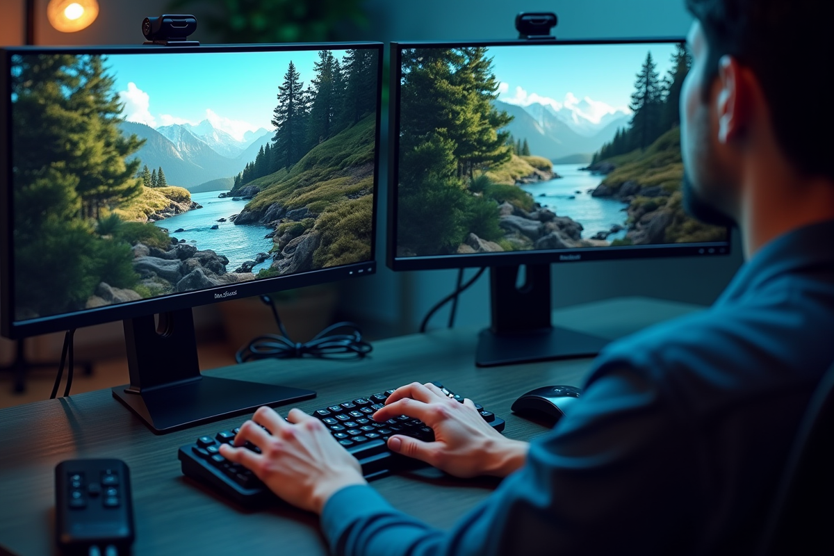 Bureau avec deux moniteurs montrant vidéo nature et clavier