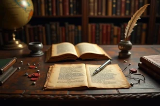 Bureau d'étude du XVIIIe siècle avec manuscrits anciens, plume et livres de poésie évoquant l'univers littéraire d'Alexander Pope