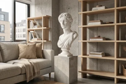Buste grec en plâtre blanc posé sur un piédestal minimaliste dans un salon contemporain aux tons naturels