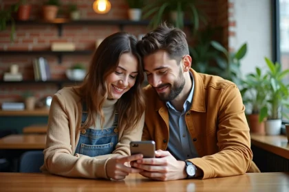 Jeune couple au café regardant leur téléphone 1111