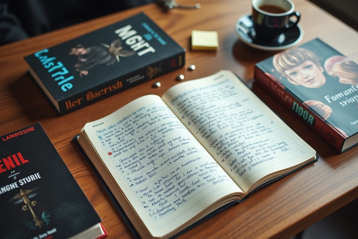Vue de dessus d'un carnet de notes avec des schémas de retournements narratifs posé à côté de romans de genres différents dans un café