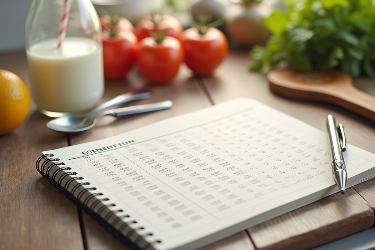 Carnet de recette ouvert avec un tableau de conversion et ingrédients