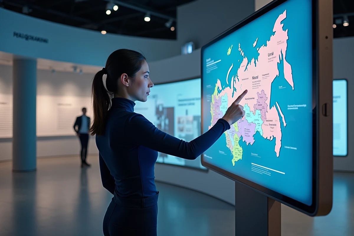 Femme explorant une carte interactive numérique de la Russie affichant les onze fuseaux horaires dans un musée moderne
