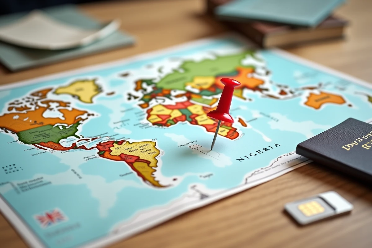Carte du monde avec épingle sur le Nigeria et documents de voyage illustrant l'indicatif pays 234
