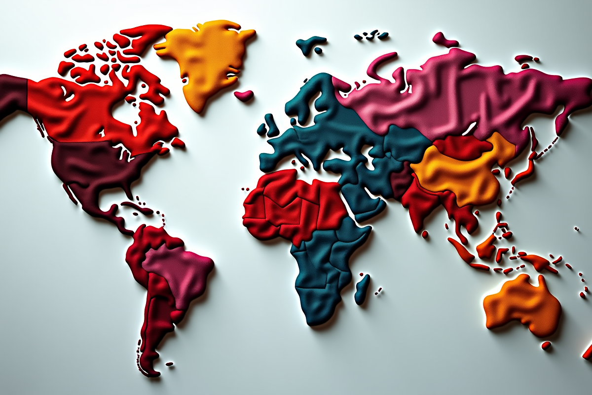 Carte du monde en textiles et vêtements colorés