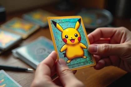 Main de collectionneur tenant une carte Pokémon Pikachu rare holographique avec reflets irisés visibles sur fond de bureau en bois