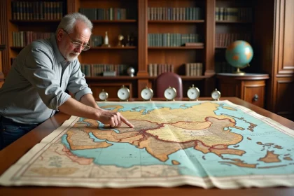 Cartographe étudiant une grande carte physique de la Russie avec onze horloges représentant les fuseaux horaires du pays