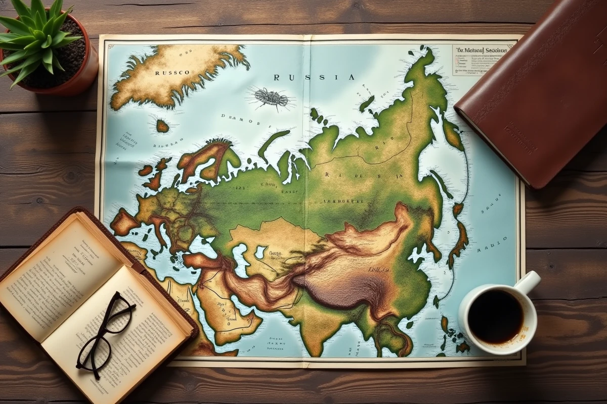 Vue aérienne d'une carte topographique de la Russie avec boussole vintage, journal de voyage et tasse de café sur un bureau en bois