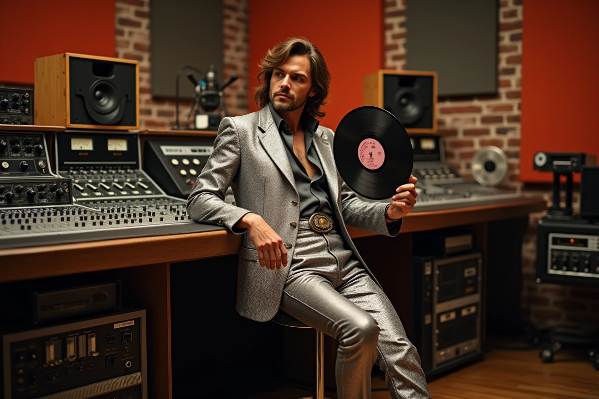 Chanteur glam rock anglais des années 70 dans un studio d'enregistrement vintage avec console de mixage analogique