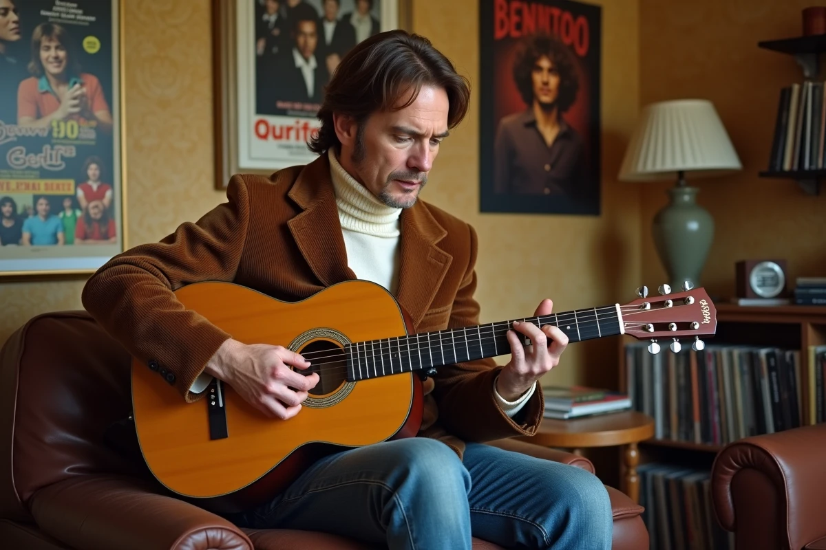 Chanteur pop anglais années 70 jouant de la guitare acoustique dans un appartement londonien vintage