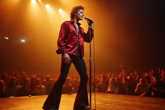 Chanteur rock britannique des années 70 sur scène avec chemise à col large et pantalon pattes d'eph