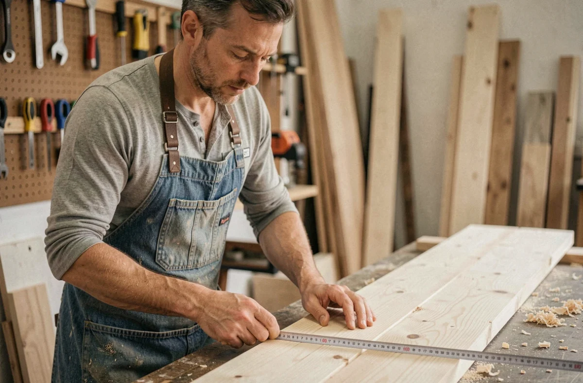 Charpentier mesurant une planche en pin avec un mètre ruban acier arrêté à 20 cm représentant 8 pouces dans un atelier de menuiserie