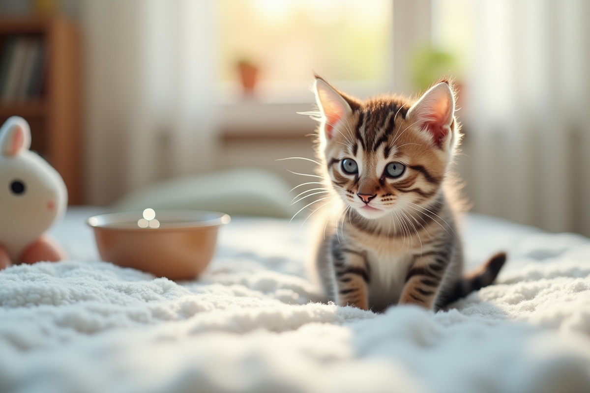 Jeune chaton blanc assis sur un lit doux et blanc