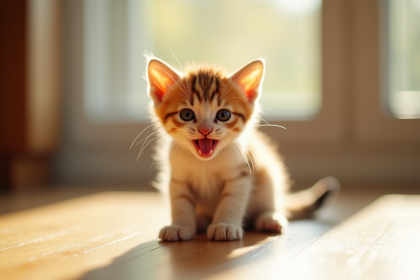 Chaton assis sur un plancher en bois ensoleille avec regard expressif