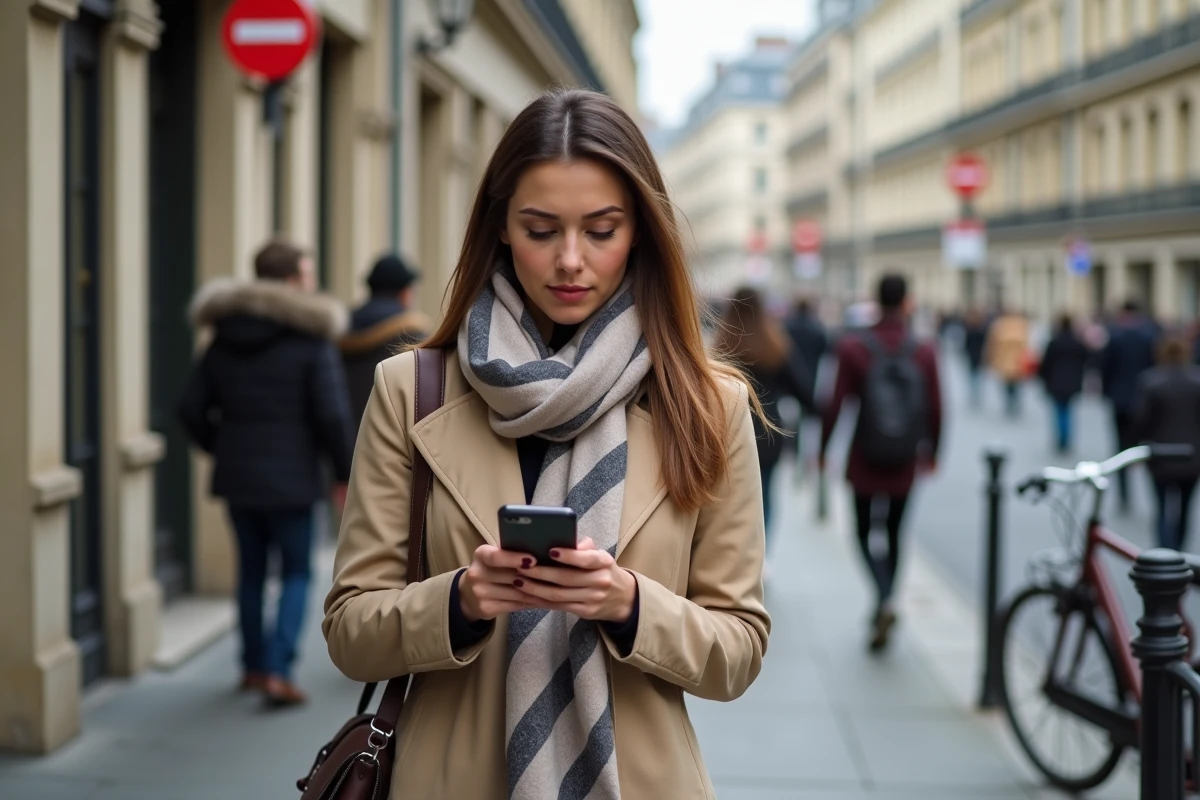 Femme cherchant un bureau de tabac sur son téléphone dans une rue parisienne avec enseigne de tabac visible