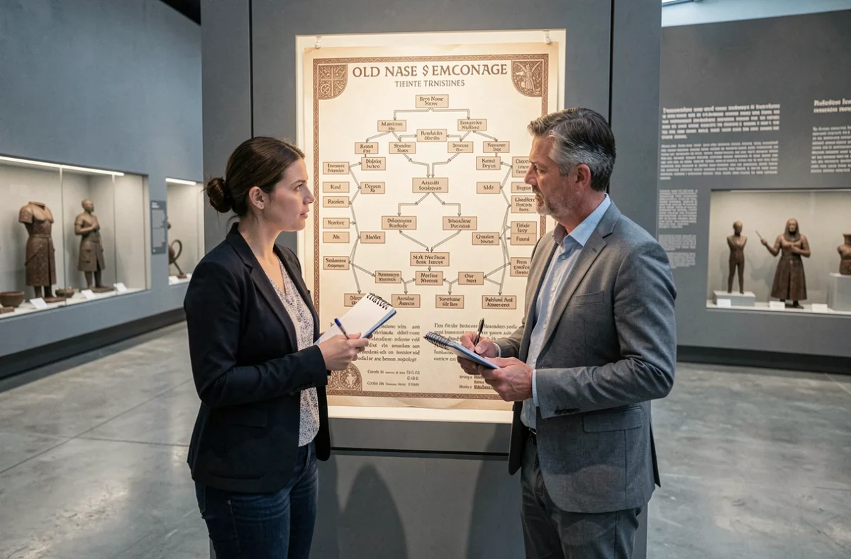 Chercheurs étudiant une exposition muséale sur les généalogies vikings et les traductions des noms nordiques médiévaux